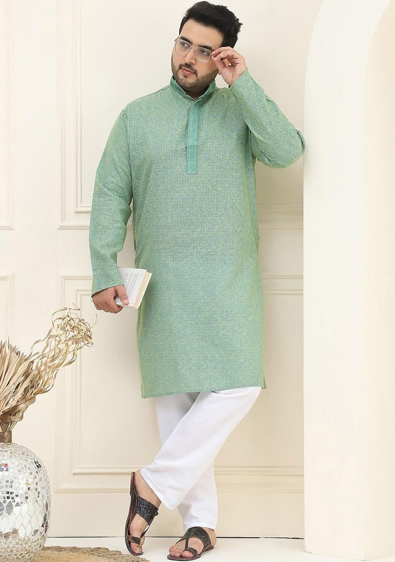 Green Printed Cotton Kurta For Men