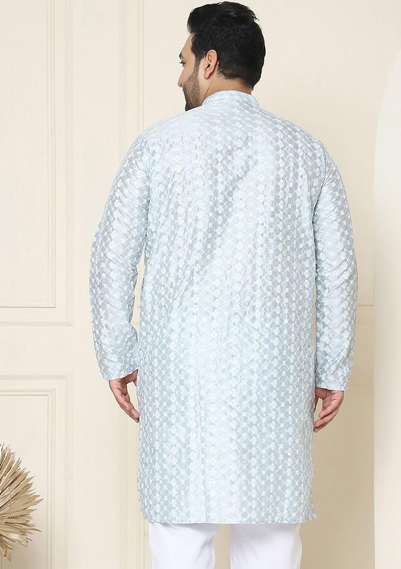 Grey Embroidered Poly Blend Kurta For Men