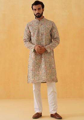 Sea Green Thread Work Poly Blend Kurta For Men