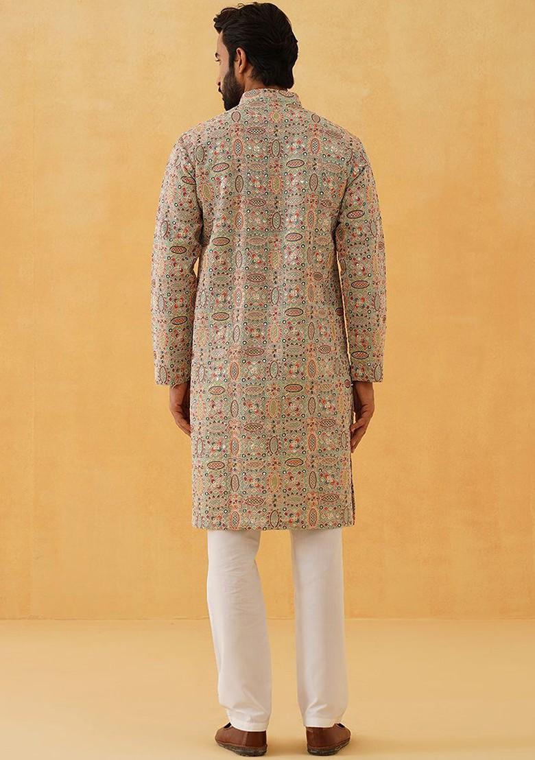 Sea Green Thread Work Poly Blend Kurta For Men