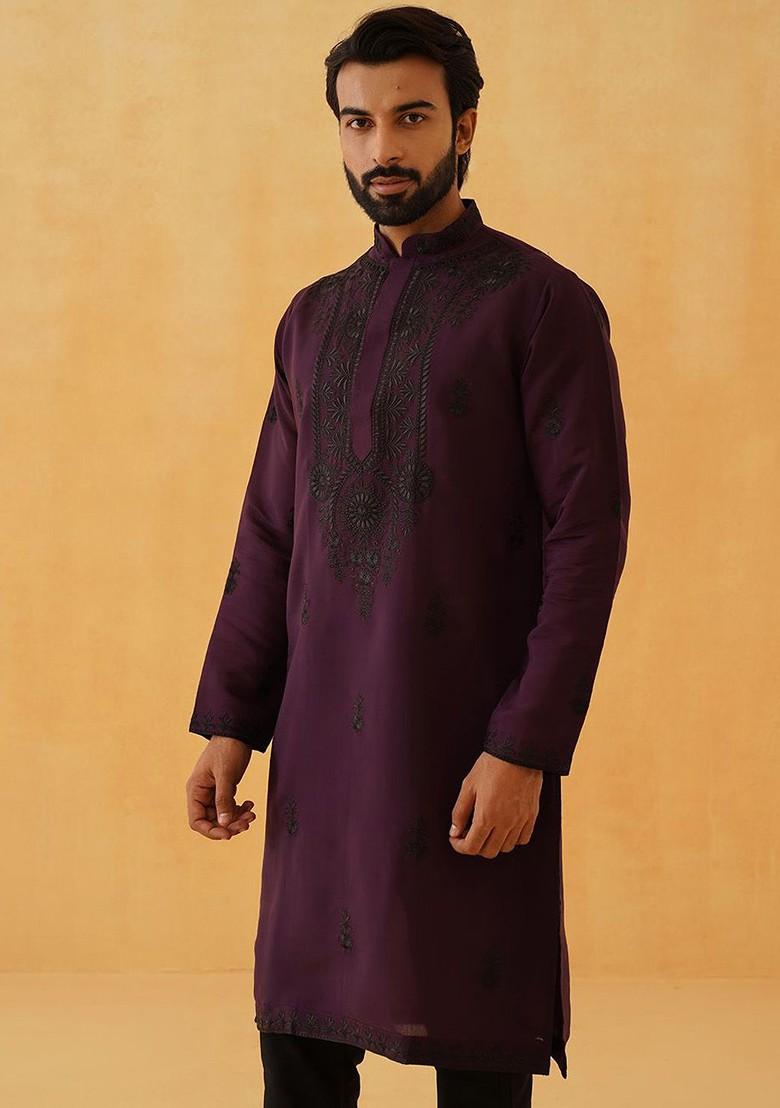 Purple Thread Work Poly Blend Kurta For Men