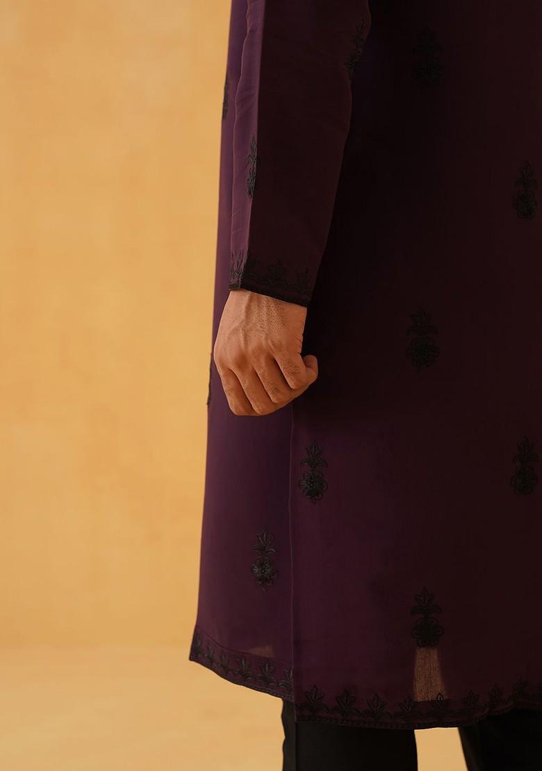 Purple Thread Work Poly Blend Kurta For Men