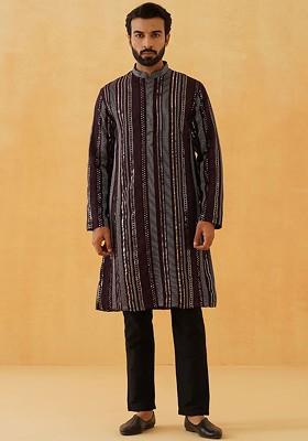 Purple Embroidered Poly Blend Kurta For Men