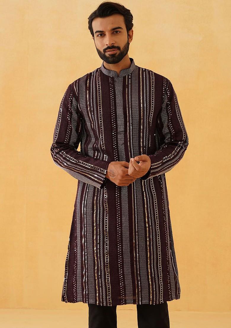Purple Embroidered Poly Blend Kurta For Men