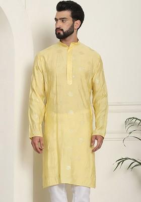 Yellow Embellished Cotton Kurta For Men