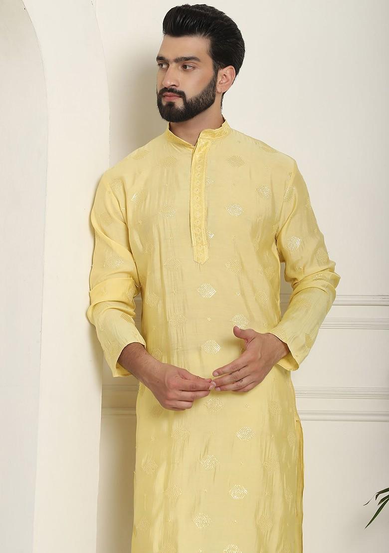 Yellow Embellished Cotton Kurta For Men