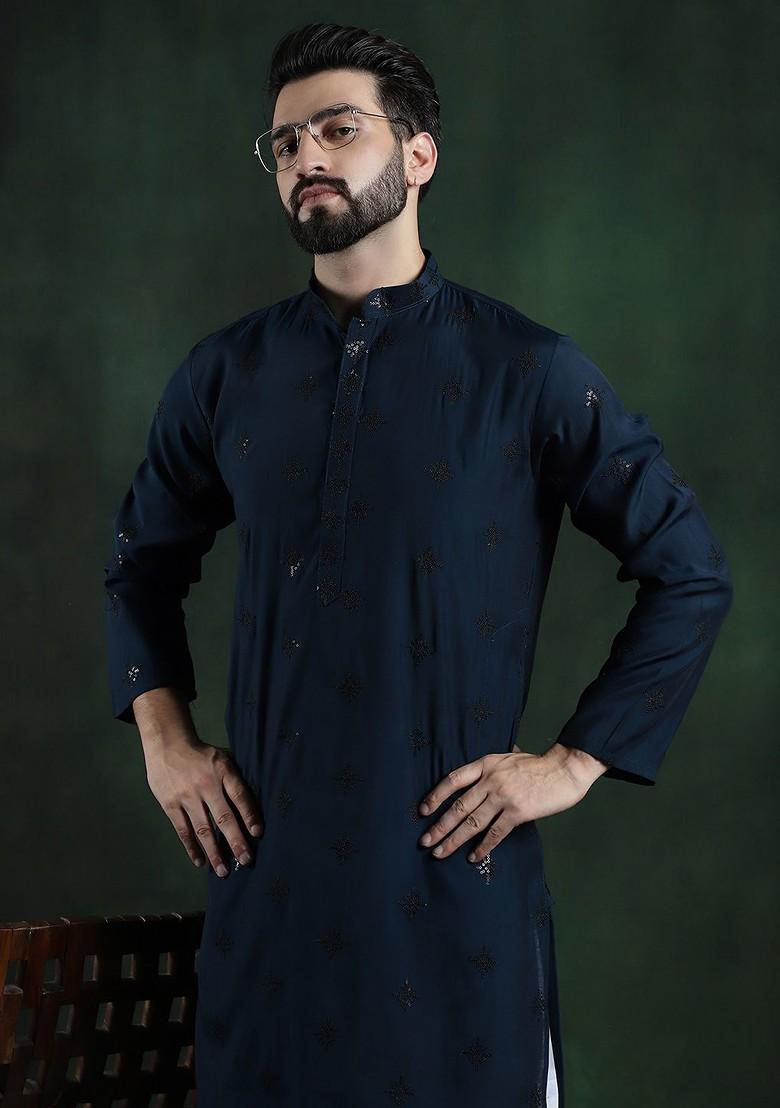 Teal Blue Embroidered Poly Blend Kurta For Men