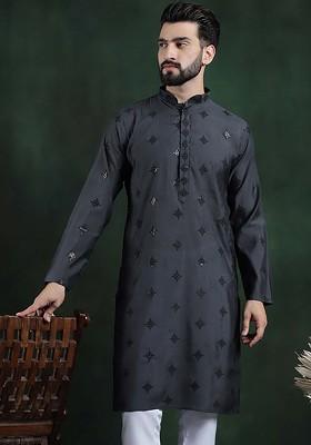 Grey Embroidered Poly Blend Kurta For Men