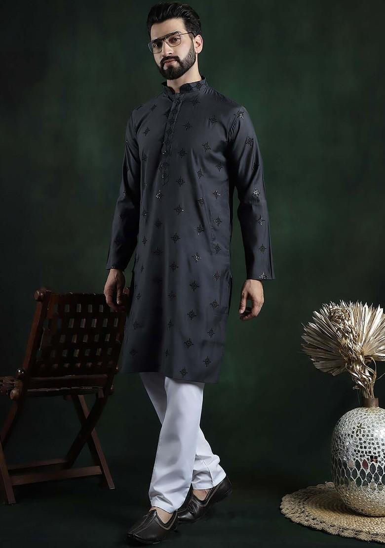 Grey Embroidered Poly Blend Kurta For Men