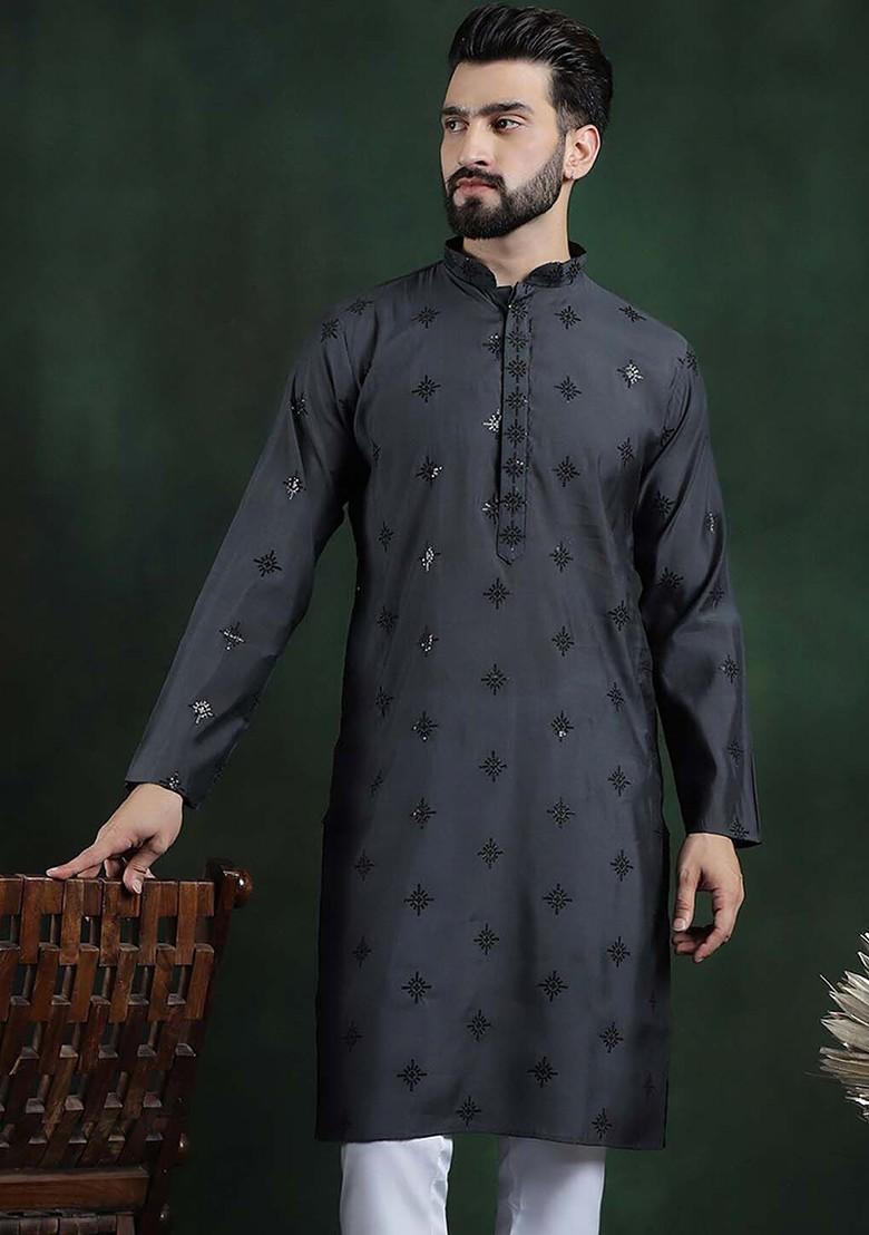 Grey Embroidered Poly Blend Kurta For Men