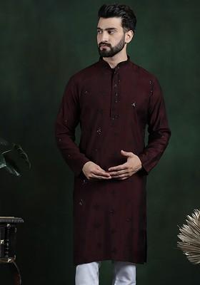 Maroon Embroidered Poly Blend Kurta For Men