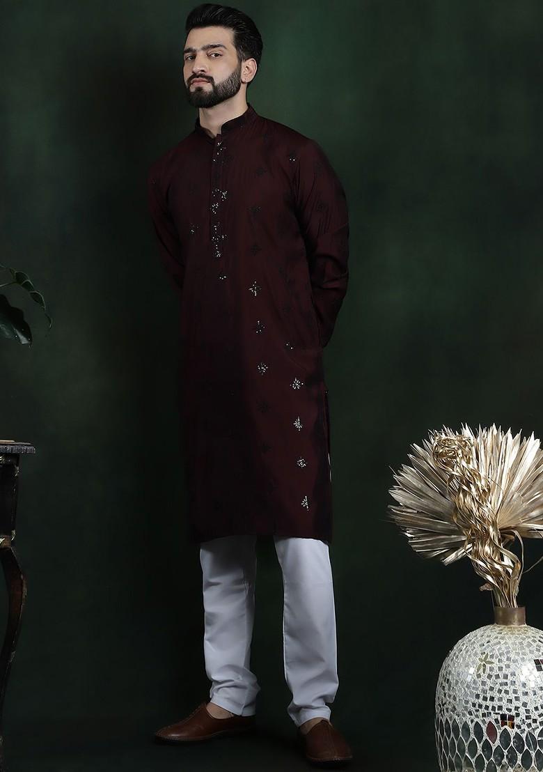 Maroon Embroidered Poly Blend Kurta For Men