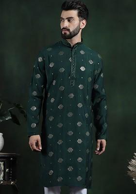 Green Embroidered Poly Blend Kurta For Men