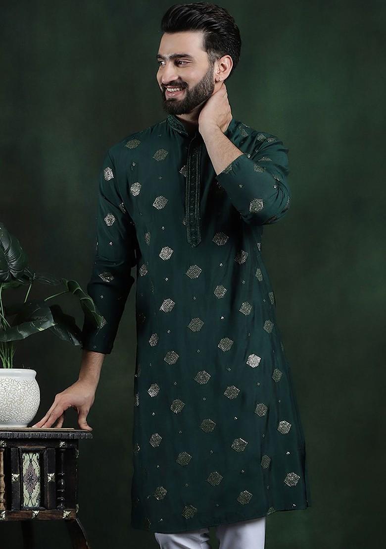 Green Embroidered Poly Blend Kurta For Men