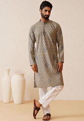 Grey Embroidered Cotton Kurta For Men