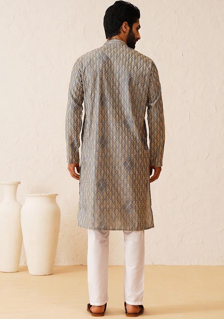 Grey Embroidered Cotton Kurta For Men