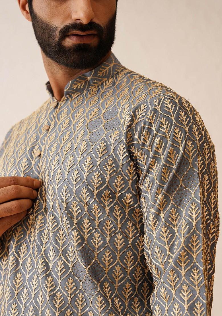 Grey Embroidered Cotton Kurta For Men