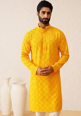 Mustard Embroidered Cotton Kurta For Men