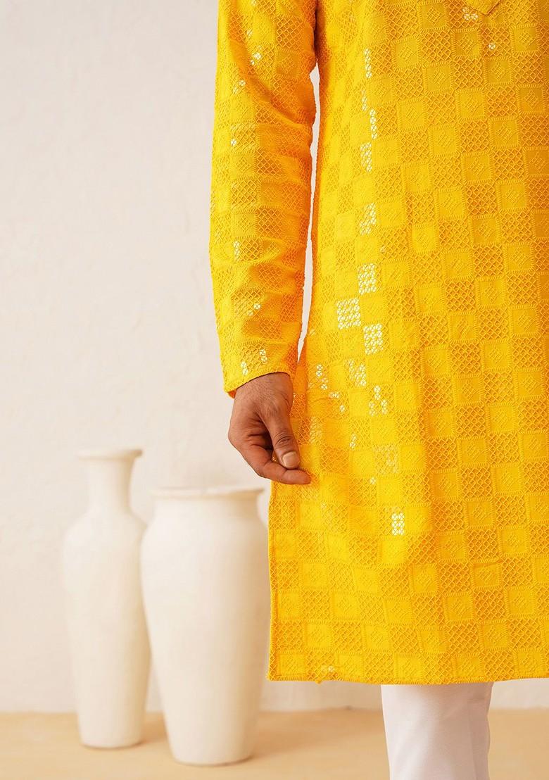 Mustard Embroidered Cotton Kurta For Men