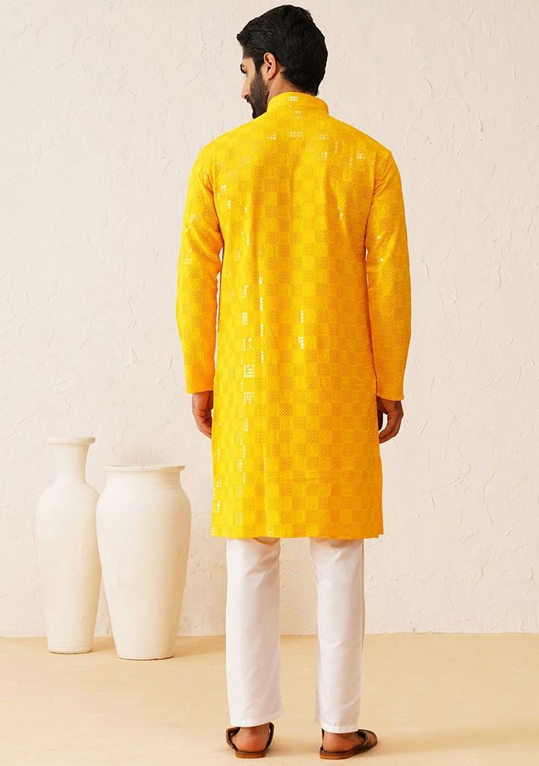 Mustard Embroidered Cotton Kurta For Men