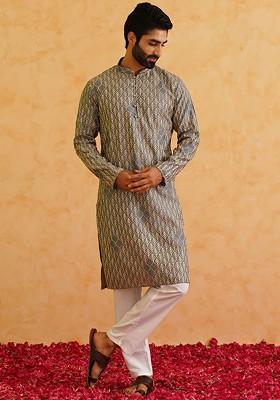 Grey Embroidered Cotton Kurta For Men