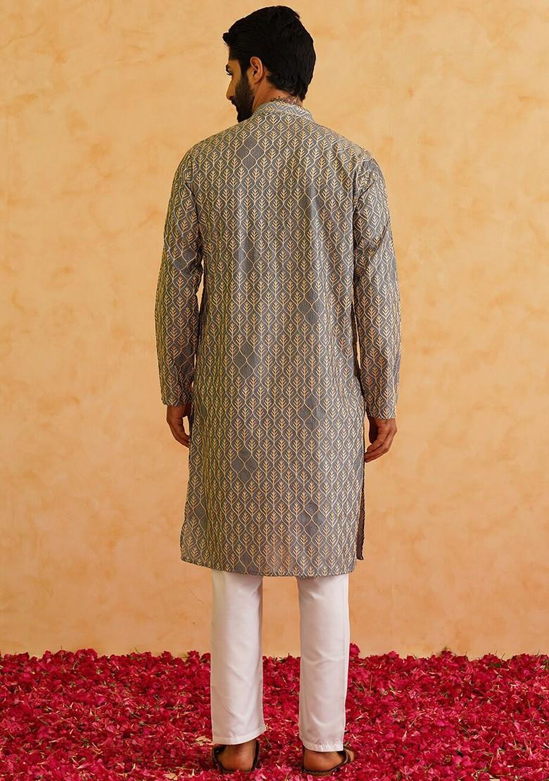 Grey Embroidered Cotton Kurta For Men