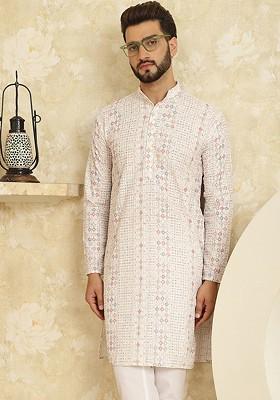White Thread Work Poly Blend Kurta For Men
