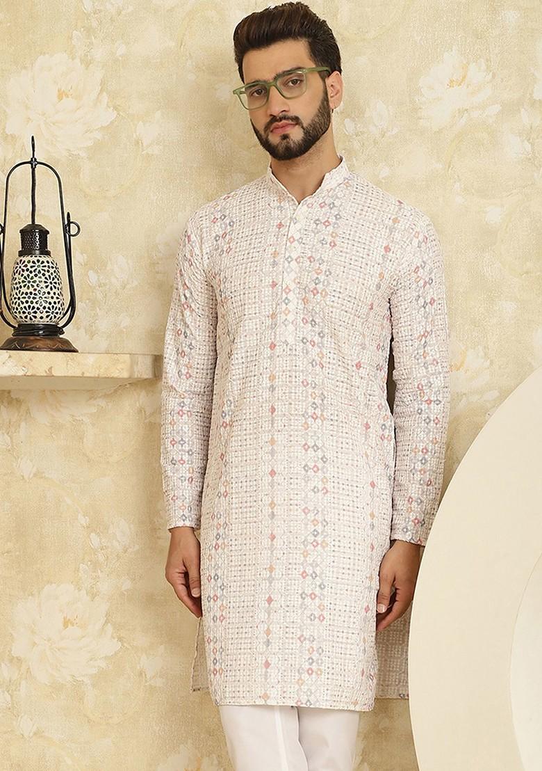 White Thread Work Poly Blend Kurta For Men