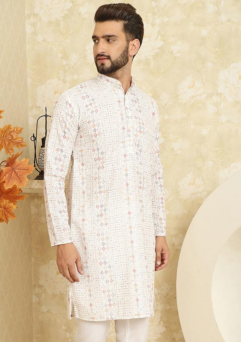 White Thread Work Poly Blend Kurta For Men
