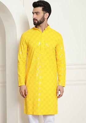 Mustard Embroidered Cotton Kurta For Men
