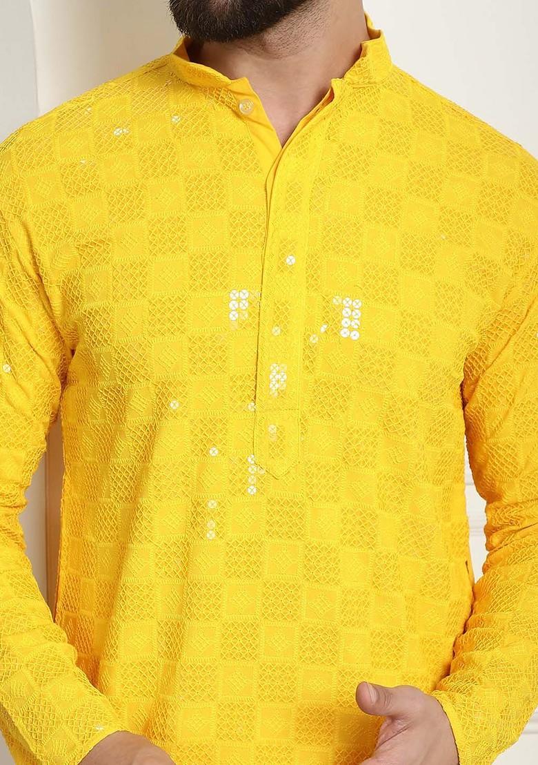 Mustard Embroidered Cotton Kurta For Men