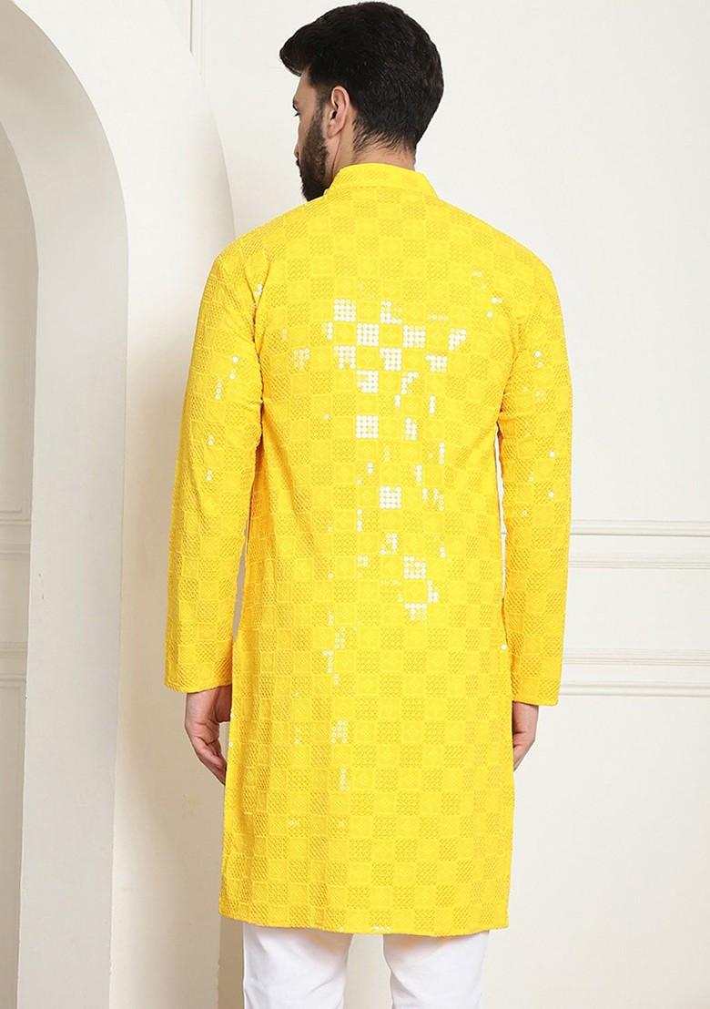 Mustard Embroidered Cotton Kurta For Men