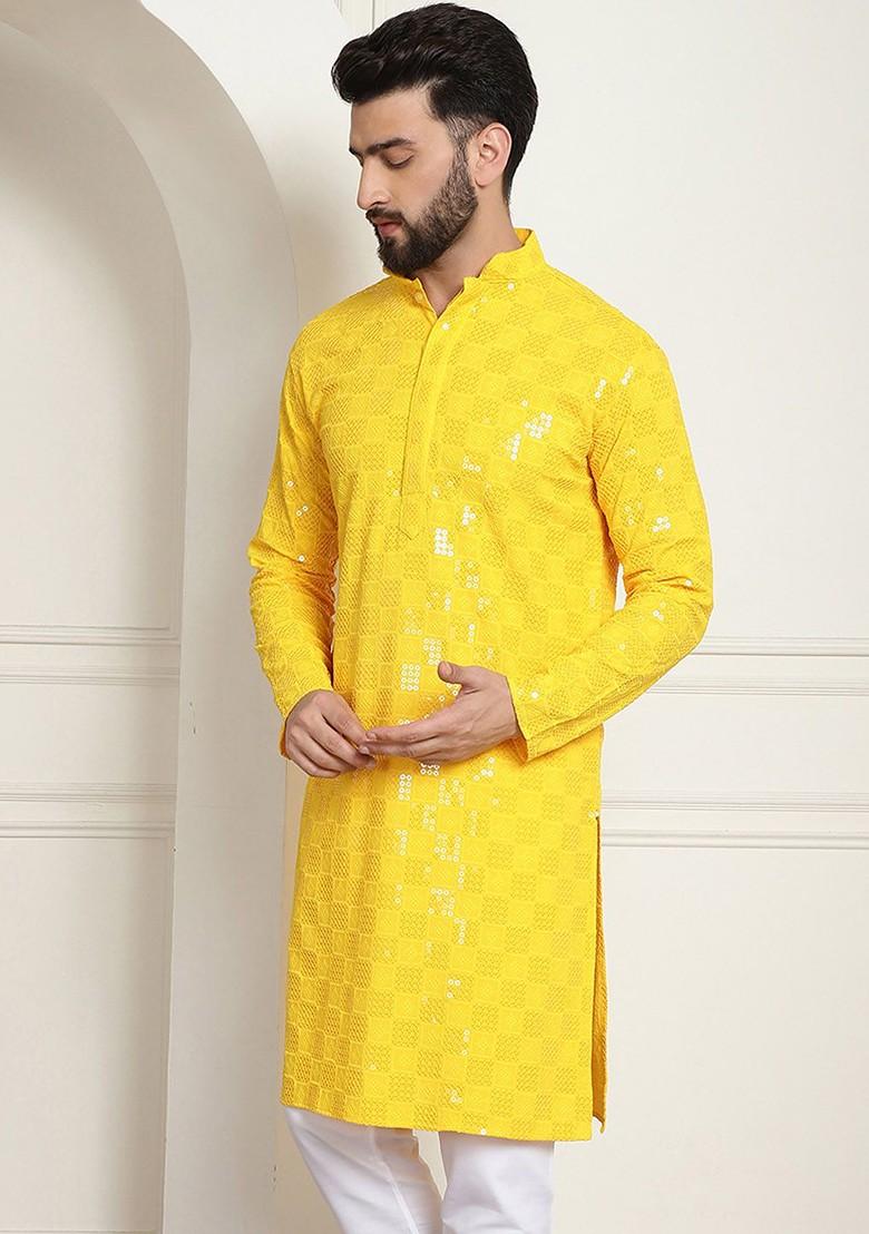 Yellow Embroidered Cotton Kurta For Men