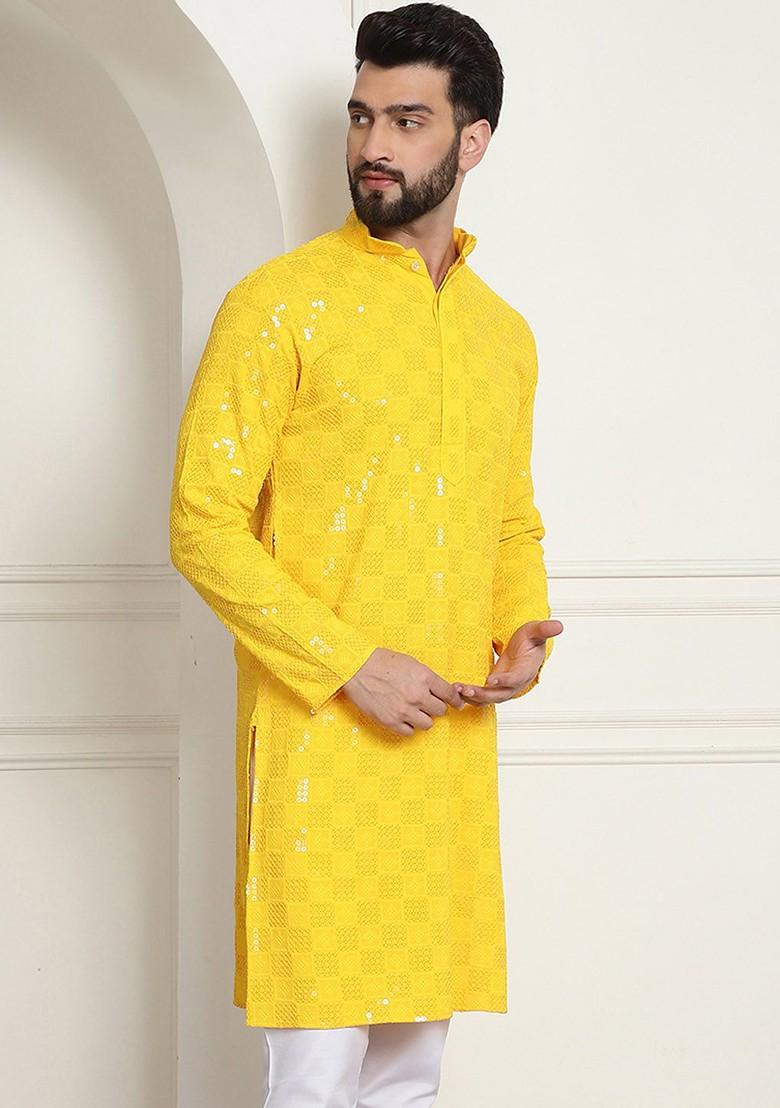 Yellow Embroidered Cotton Kurta For Men