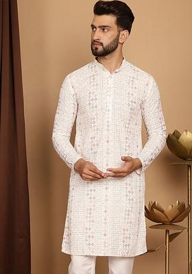White Embellished Cotton Kurta For Men