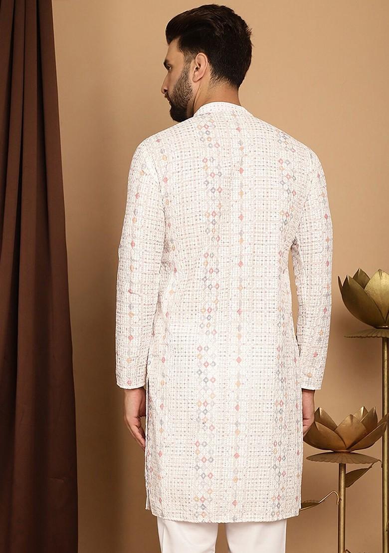 White Embellished Cotton Kurta For Men
