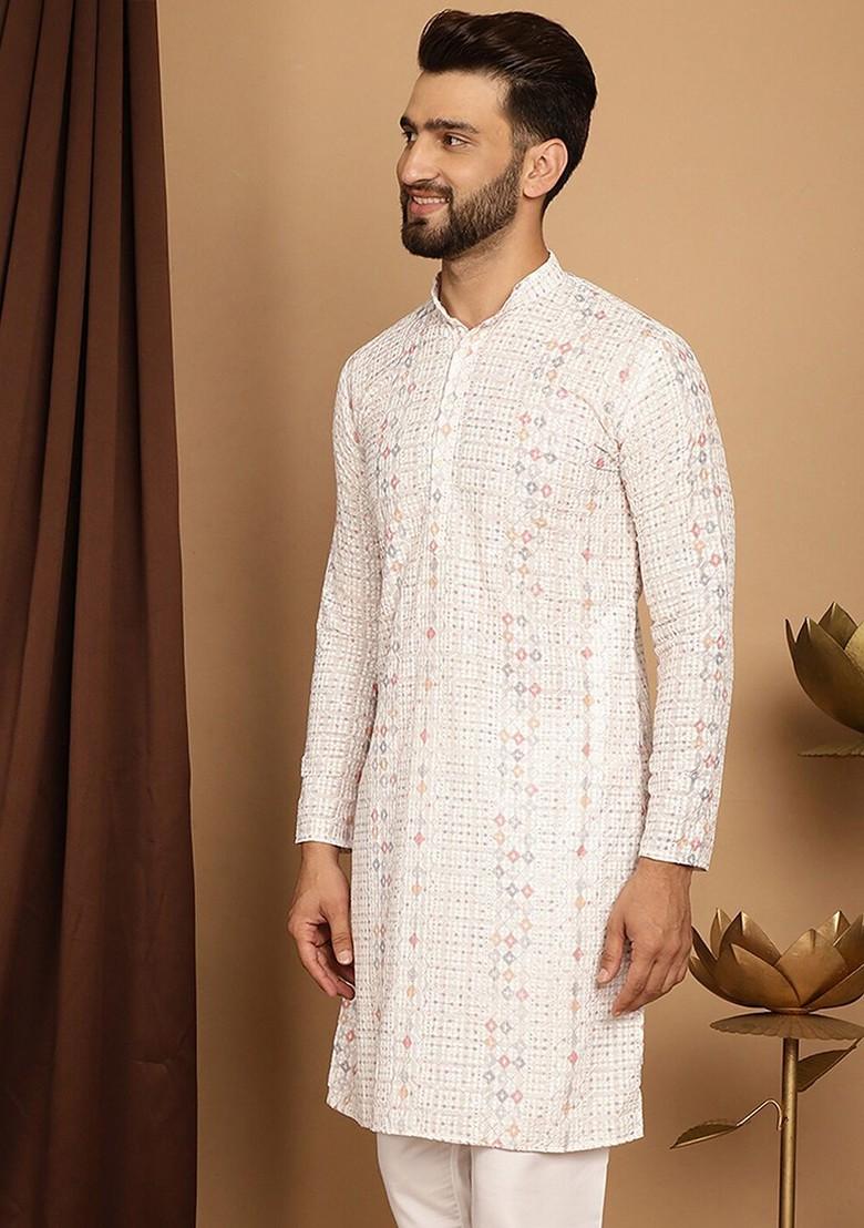 White Embellished Cotton Kurta For Men