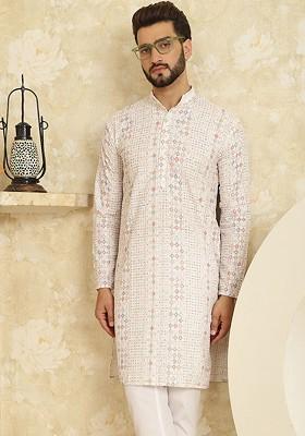 White Embroidered Cotton Kurta For Men