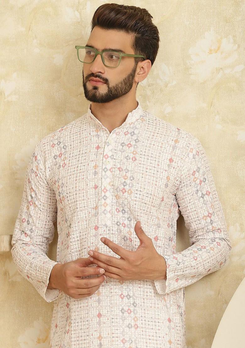 White Embroidered Cotton Kurta For Men