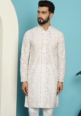 White Thread Work Poly Blend Kurta For Men
