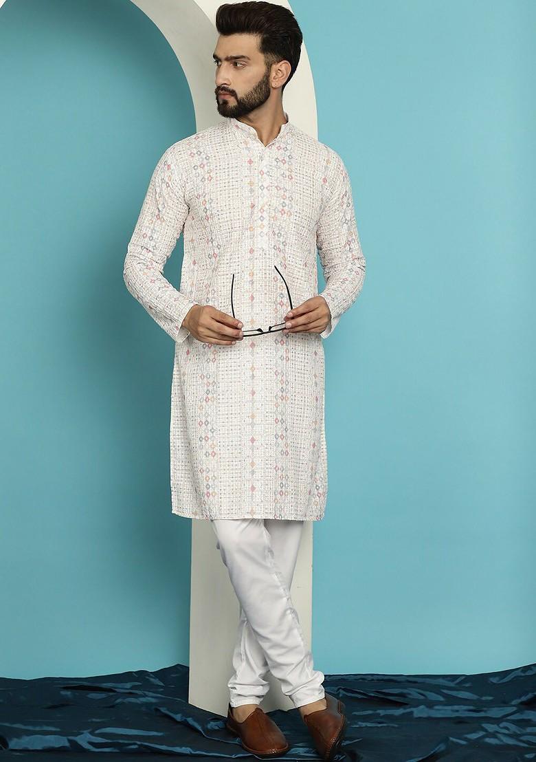 White Thread Work Poly Blend Kurta For Men