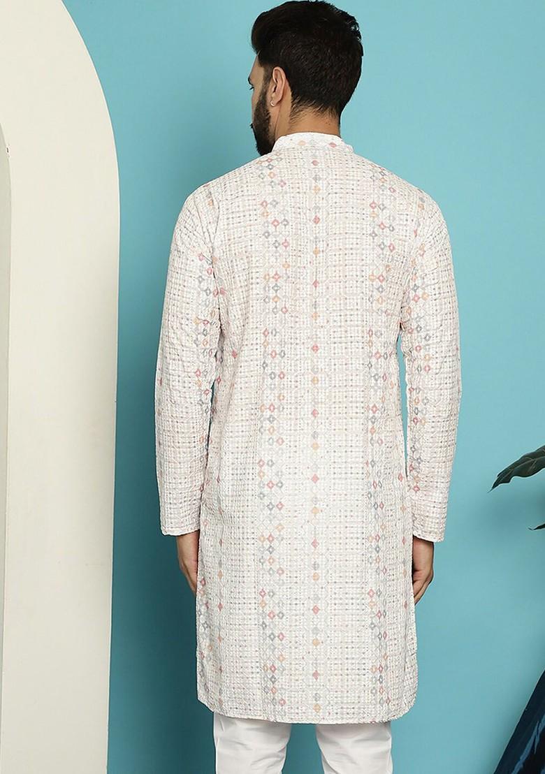 White Thread Work Poly Blend Kurta For Men
