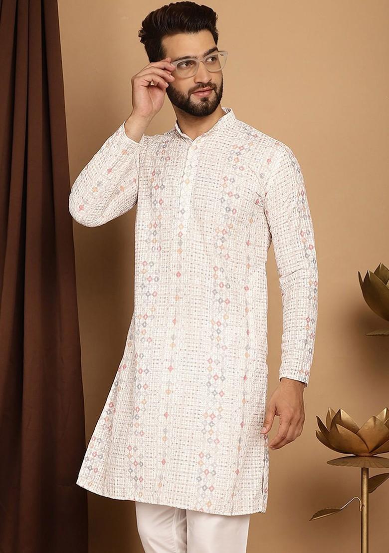 White Embroidered Cotton Kurta For Men