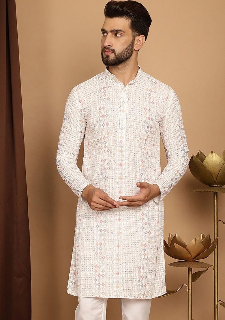 White Embroidered Cotton Kurta For Men