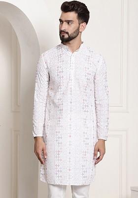 White Thread Work Cotton Kurta For Men