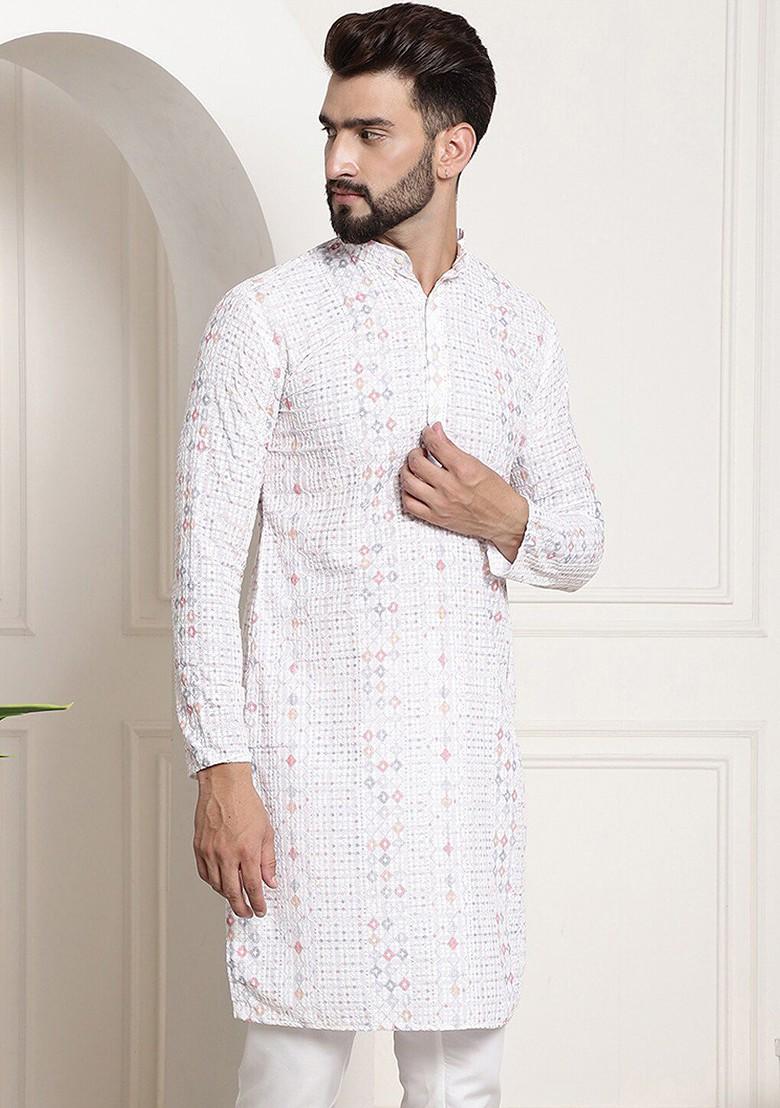 White Thread Work Cotton Kurta For Men