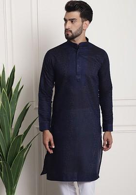 Navy Blue Thread Work Poly Blend Kurta For Men