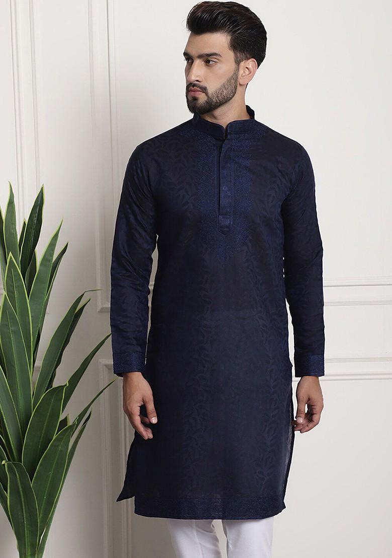 Navy Blue Thread Work Poly Blend Kurta For Men