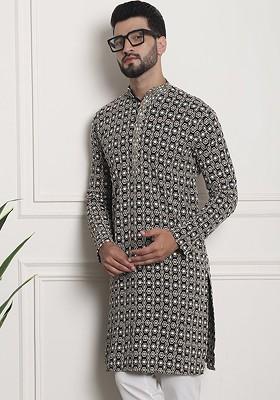 Black Thread Work Cotton Kurta For Men