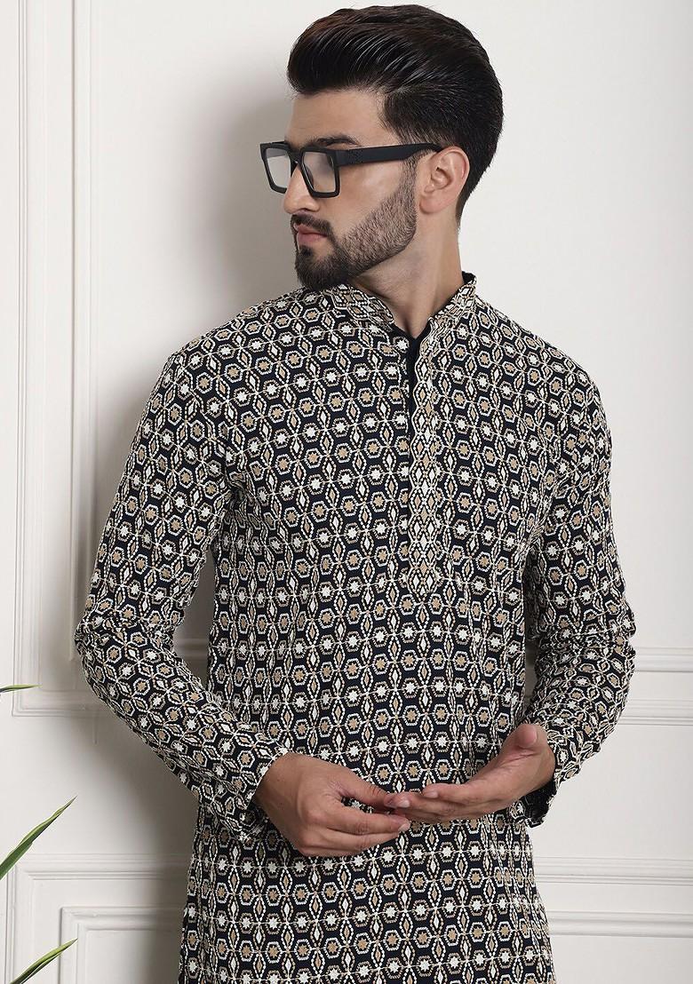 Black Thread Work Cotton Kurta For Men